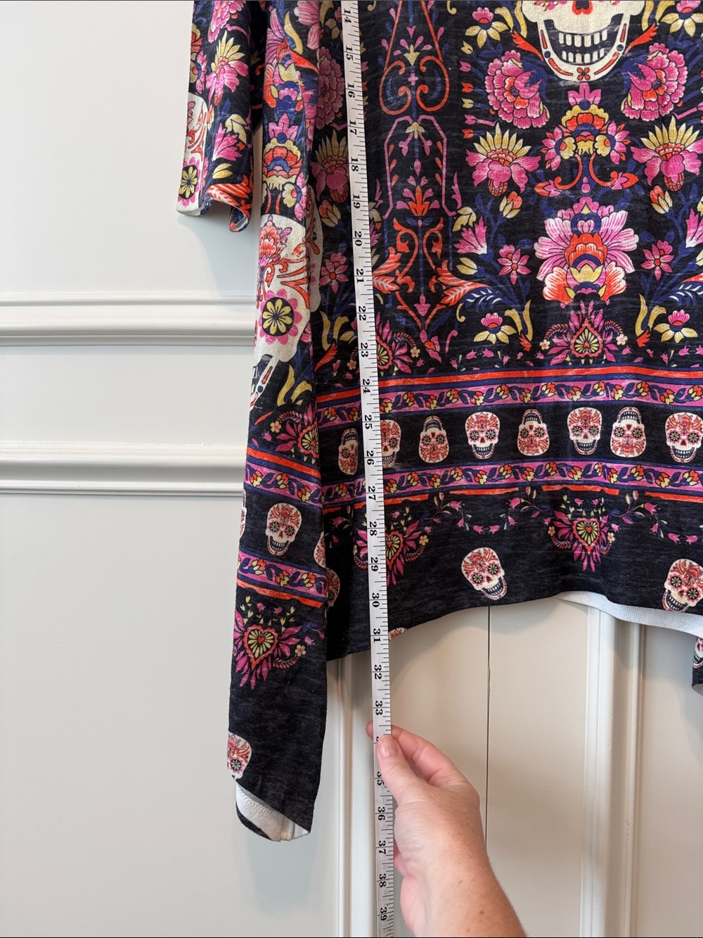 ONE WORLD Black Tunic Top with Pink, Purple & Orange Floral Sugar Skull Design - Picture 6 of 7